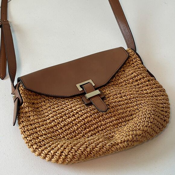 Michael Kors  Woven Straw Leather Medium Beige Brown Naomi Shoulder Bag - Picture 1 of 11